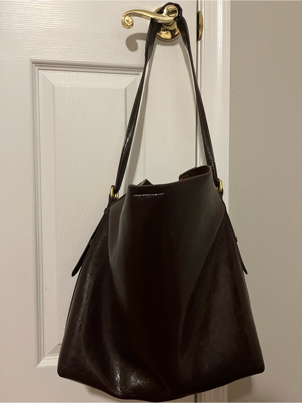 Zara Dark Brown Leather Hobo Shoulder Bag with Gold Hardware